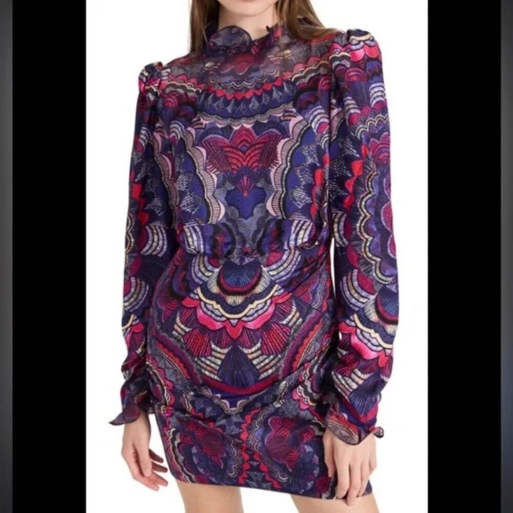 Saloni Silk Mini Dress High Ruffle Neck Rina B Puff Sleeves Party Prism Women 4